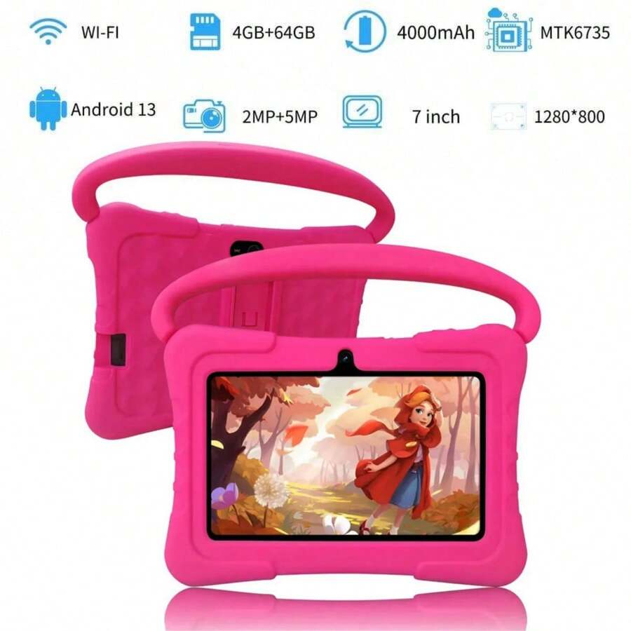 7 吋兒童平板電腦，護眼螢幕，WiFi，4GB RAM 64GB ROM，雙鏡頭，教育遊戲，家長控制應用程式，Android 平板，附防震矽膠保護殼，平板電腦，Pad