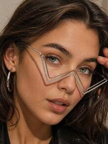 STONEFANS 1pc Gold Fashion Rhinestone Wave Shaped Eyeglass Frame Without Lens Eye Decoration Jewelry For Women - Silver - View 1