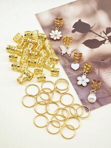 55pcs Pure White Romantic Garden Hair Rings With Pearl, Heart, Butterfly, Daisy & Camellia - Elegant Adjustable Hair Cuffs For Women's Dreadlocks - Gold - View 2