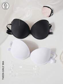 2pcs/Set Teen Girls' Solid Color Minimalist Strapless Wireless Bandeau Bra, Comes With Transparent Bra Straps, Suitable For 13-16 Years Old - Multicolor - View 1