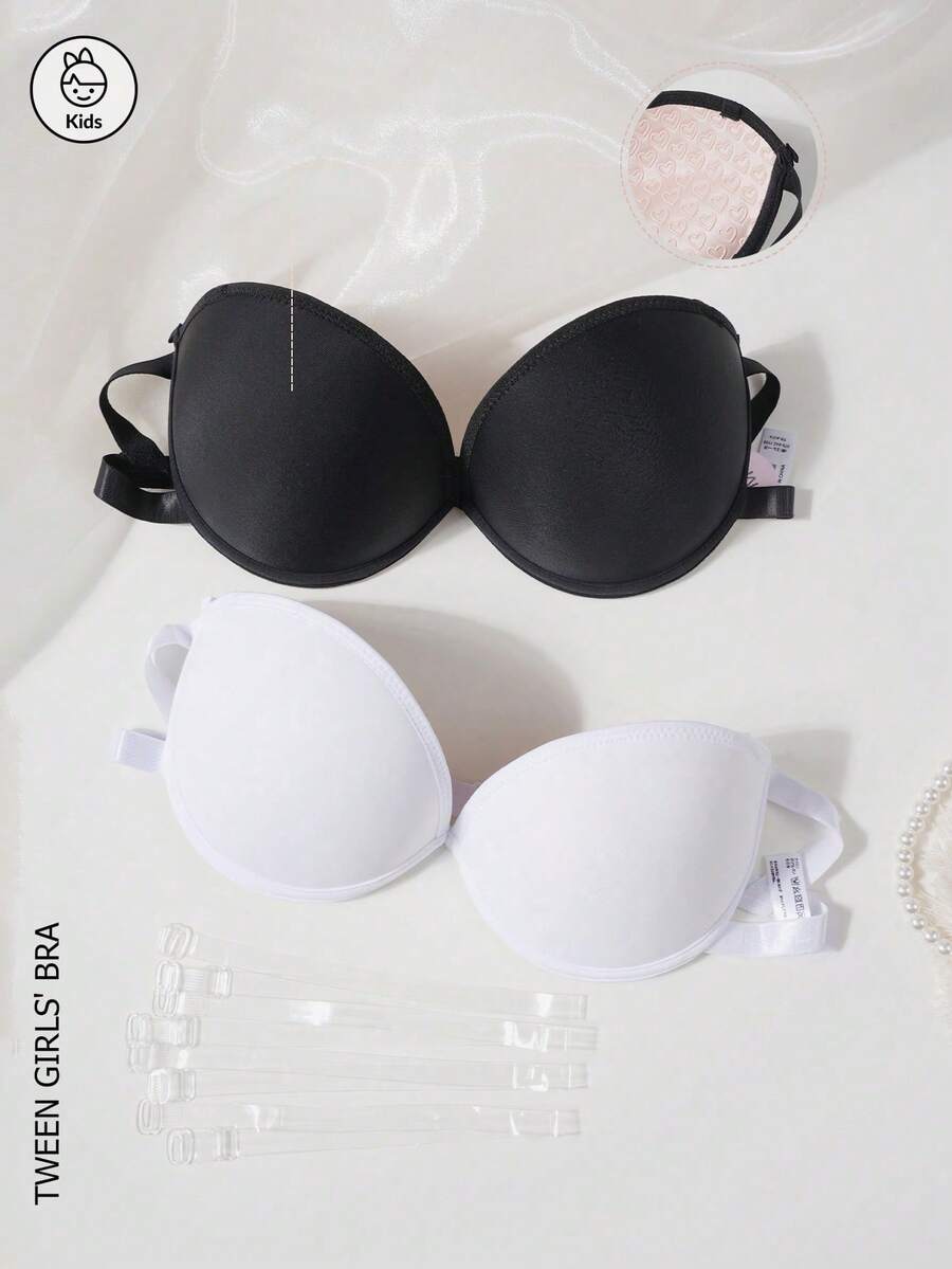 2pcs/Set Teen Girls' Solid Color Minimalist Strapless Wireless Bandeau Bra, Comes With Transparent Bra Straps, Suitable For 13-16 Years Old - Multicolor - View 1