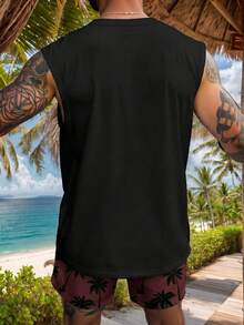 Men's Palm Tree Print Sleeveless Crew Neck Tank Top And Shorts Casual Set - Red - View 5