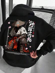 男士秋冬中式武俠角色插畫印花寬鬆版型保暖內裡連帽衛衣 | 領先時尚 - 黑色 - 查看 2