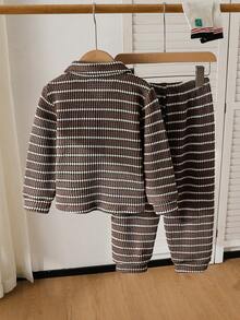 男童春秋季条纹长袖开衫长裤套装（2件套），时尚休闲简约风 - 咖啡棕 - 查看 2