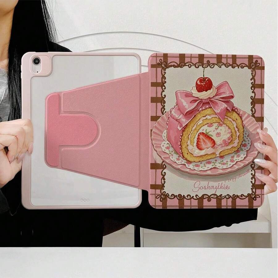 1件復古粉棕格紋蕾絲框架蝴蝶結瑞士捲蛋糕 360°可旋轉磁吸式可拆卸平板保護殼，相容 iPad PRO/AIR、、小米 Pad 5/6/7、OPPO Pad、華為 MatePad、vivo Pad、榮耀 Pad、聯想小新 Pad - 彩色 - 查看 1