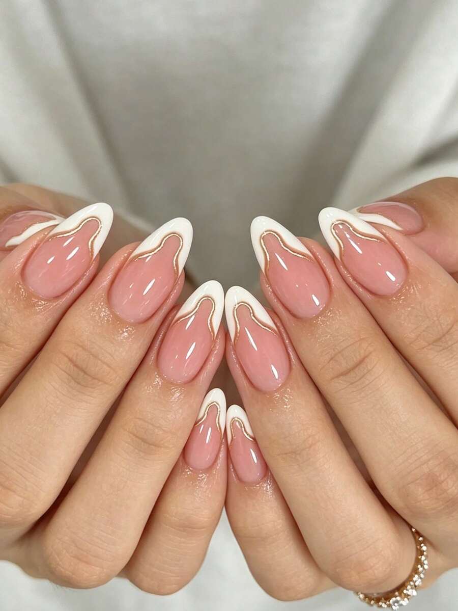 24pcs Almond Shape Classic Elegant Gold Line White Edge French Pink Glossy Bright White-Looking Fake Nails, Fashionable Versatile Press-On Nails Suitable For Dates, Parties, Spring/Summer, Women And Girls, Autumn/Winter Daily Wear, Removable Press-On Nail Set With Jelly Glue And Nail File, Easy To Wear And Durable, Jelly Glue Randomly Shipped - Multicolor - View 1
