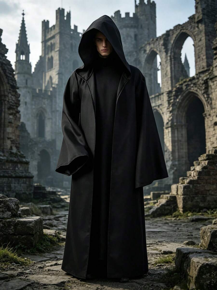 Maklulu 男士連帽長袍斗篷騎士風酷炫 Cosplay 套裝萬聖節服裝 連帽長袍 Cosplay 披風 - 黑色 - 查看 1