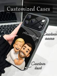 1件 DIY 真相照轉3D卡通肖像與姓名客製化，黑色奢華時尚大窗強化玻璃鏡頭保護磨砂防摔手機殼，適用 17ProMax/17Air/16Pro/15Plus/14ProMax/13/13Pro/13ProMax/12/11 全包覆高級保護殼 - 黑色 - 查看 6