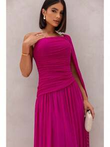 Long, One-Shoulder Party Dress In Dark Nude, Flowing Style, For Bridesmaids/Dates/Graduations/Guests. - Rose Red - View 3