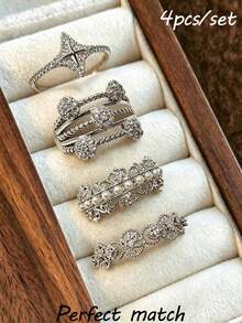 1/4pcs Exquisite Geometric Hollow Star Fashion Style Copper Material Silver Color Women's Ring, Suitable For Gift, Holiday, Daily Wear - Multicolor - View 11