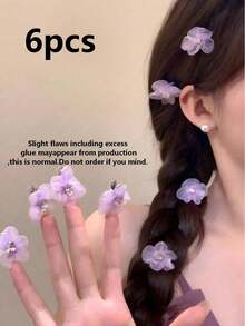 6/10pcs Women's Light Purple Glitter Floral Hair Clips, Multi-Functional Side Clips, Braid Side Clips Decoration, No Pulling Hair, Small Floral Design, Suitable For Dating, Outing, Photography, Gentle Fairy Tale Style, Sweet Korean Girl Braided Hair Styling Decoration - Purple - View 8