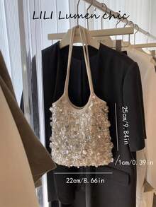 Silver Mixed Sequin Mesh Shoulder Bag With Thin Double Shoulder Straps, Featuring Asymmetrical Large Round Sequin Patchwork. Shiny Reflective Sequins Sparkle Under Light, Compact Capacity Can Hold Lipstick, Earphones And Coins, Sweet And Sparkling Design Is Ideal For Nightclub, Dinner Date And Party Outfits. - Beige - View 6
