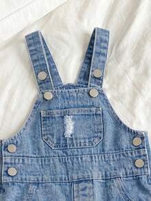 Toddler Unisex Denim Overalls, Soft Cotton Blue Vintage Distressed Denim Fabric, Adjustable Shoulder Straps Retro Style, Suitable For Summer, 80s, Career Day, Back To School, Halloween, Halloween Costume, Halloween Denim - Medium Wash - View 5