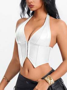 Yuwenier Vintage PU Tank Top, Deep V-Neck, Asymmetrical Hem, Perforated Eyelet Lace-Up Backless Halter Top White - White - View 7