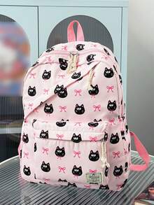 1 pieza Mochila de nailon de gran capacidad para estudiantes, mochila de gato con lazo para estudiantes universitarios, mochila de nailon, mochila de viaje - Rosa - Ver 6