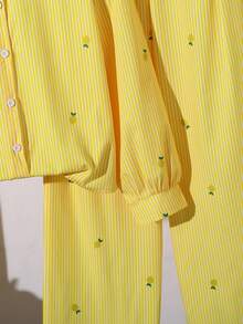 Left Mama Girls' Casual Commute Long Sleeve Printed Striped Shirt And Straight Leg Pants Set, Spring/Autumn, Preppy Style - Yellow - View 6
