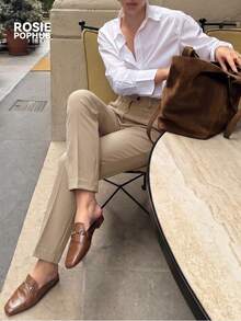 ROSIE POPHUB Women Apricot Elegant High Waist Pleated Straight Leg Pants Single Button Slim Fit Office Work Trousers For Daily Commute Fall Winter - Apricot - View 5