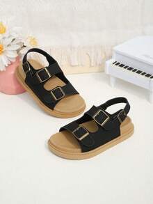 1 Pair Kids' Summer Flat Sandals, Premium Black Minimalist Fashion Sandals With Adjustable Bronze Buckle Design, Casual Style Suitable For Beach, Vacation And Outdoor Play - Black - View 5