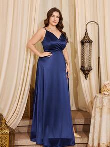 Vintage 1950s Plus Size Cross Neck Slit Thigh Formal Dress - Navy Blue - View 6