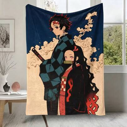 Retro Cloud Background Tanjiro & Nezuko Flannel Blanket Demon Slayer Anime Character Plush Throw Blanket For Couch Bedroom Travel