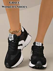 Women's Flat Casual Sports Shoes, Retro Lace-Up Shoes, Lightweight Minimalist Fitness Walking Sneakers, Suitable For All Seasons - Black - View 5