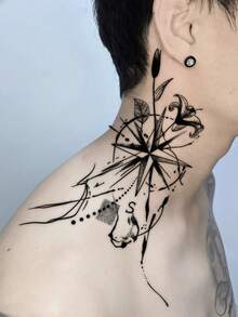 1 Pc Men's Black Stippled Temporary Tattoo Stickers, Abstract Compass Rose With Lily Floral Dot Line Art Pattern Waterproof Sweatproof Wanderlust Body Stickers For Arm Thigh Travel Decor - Black - View 4