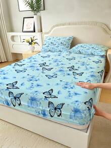 1PC Colorful Floral And Butterfly Pattern Fitted Mattress Protector (Fitted Sheet Only, No Pillowcase), Soft And Comfortable 100% Polyester Fabric, Suitable For Bedroom, Guest Room, School Dorm Bedding, Available Sizes: King, Queen, Full, Twin. Easy To Remove And Machine Washable All-Season Mattress Protector. Modern Minimalist Washable Home Bedding - Multicolor - View 5