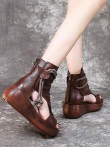 Romano zapatos de las mujeres de verano de moda casual nueva de alta altura pendiente con botas frescas de fondo grueso boca de pez - Marrón - Ver 4
