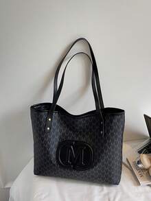 Bolso Tote de Mujer Estilo Europeo y Americano para el Trabajo, Bolso de Hombro de Moda, Bolso de Mano de Gran Capacidad con Estampado Vintage Minimalista - Negro - Ver 9