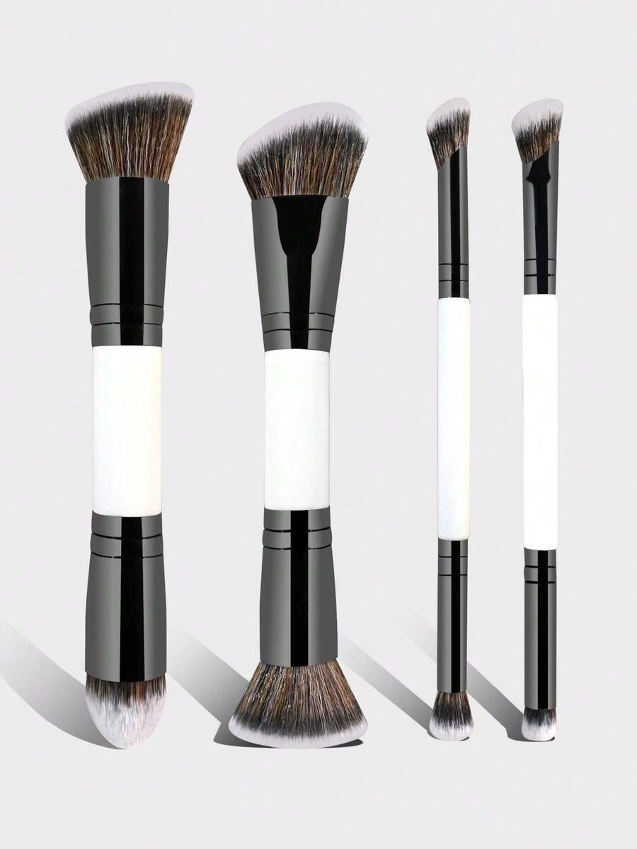 2/4pcs Professional Dual-Ended Makeup Brush Set, Foundation Brush, Blush Brush, Powder Brush, Eyeshadow Brush, Concealer Brush, Highlighter Brush, Blending Brush. Soft Fiber Bristles, Portable For Travel Use, Perfect Gift For Women And Girls. Makeup Brush Set, Makeup Brush Tool Kit, Complete Makeup Tool Set, Makeup Brush Gift Set - Black and White - View 1