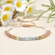 1pc Elegant Minimalist 4mm Natural Moonstone, Sunstone & Aquamarine Braided Adjustable Bracelet, Energy Healing Crystal Stone Jewelry For Women, Suitable For Daily Wear, Vacation, Layering, Versatile Accessory, Perfect Gift Choice - Multicolor - View 2