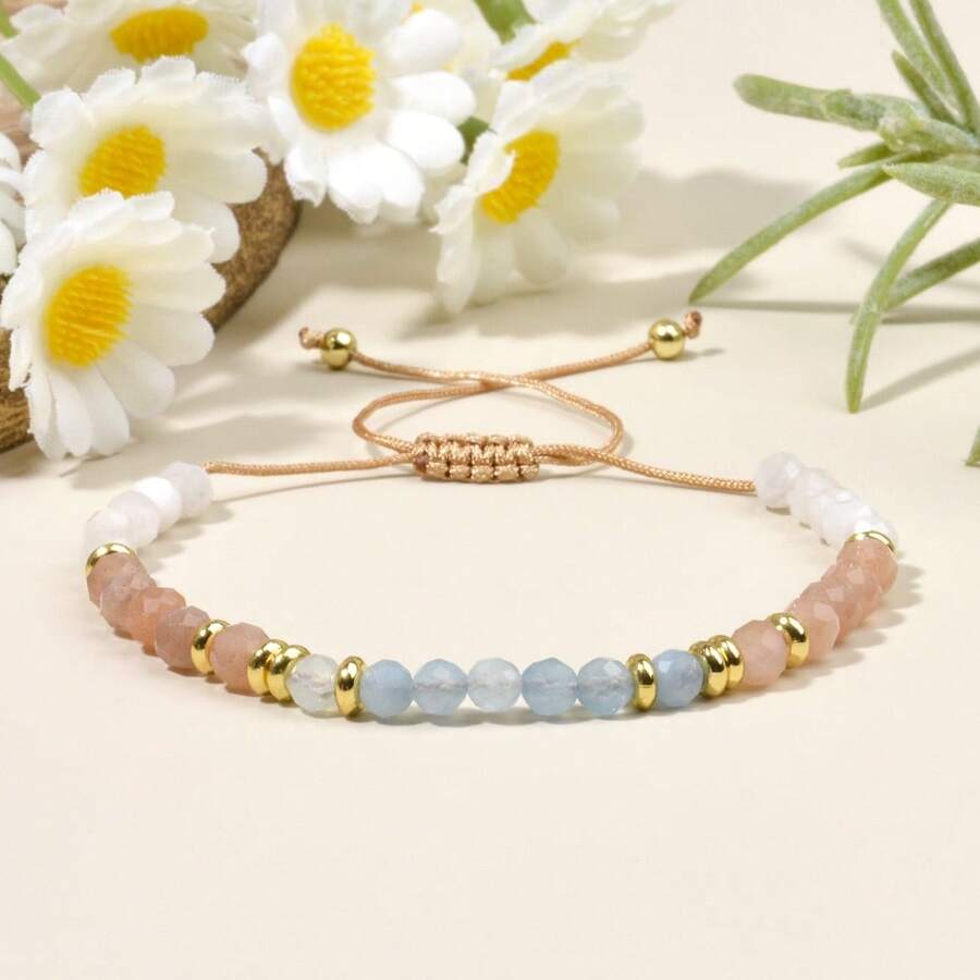 1pc Elegant Minimalist 4mm Natural Moonstone, Sunstone & Aquamarine Braided Adjustable Bracelet, Energy Healing Crystal Stone Jewelry For Women, Suitable For Daily Wear, Vacation, Layering, Versatile Accessory, Perfect Gift Choice