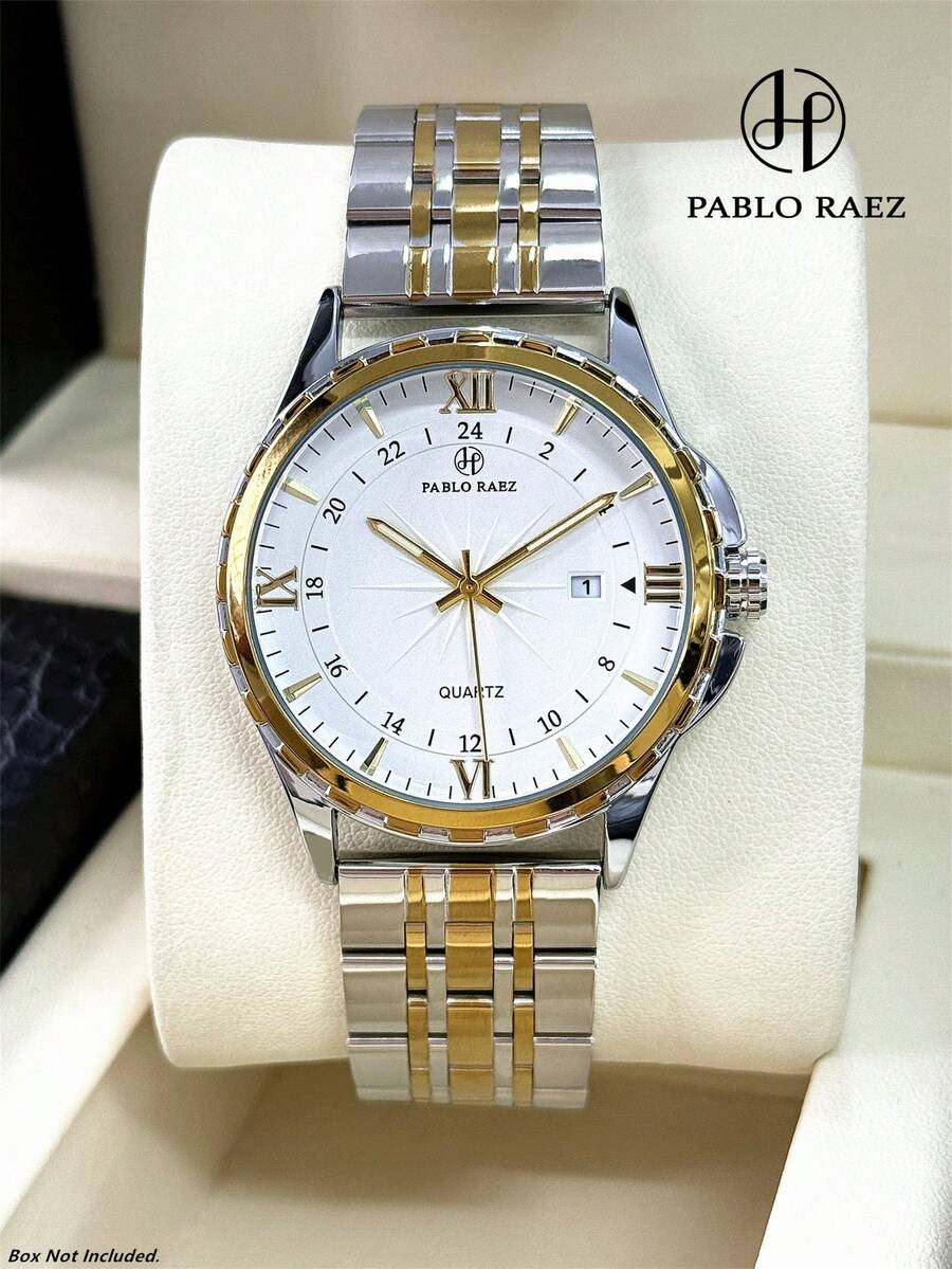 Pablo Raez 1件裝男士商務腕錶 SUS304不鏽鋼金/銀色迷人腕錶 原創品牌不褪色錶殼 純金屬厚實錶帶 經典新款熱銷時尚 羅馬數字與條形刻度 日期顯示 漸層綠大錶盤 50米防水 夜光 隨性男士石英時尚錶 適合送給朋友家人父親的精緻禮物 日常/工作/度假旅行穿戴 派對裝飾 畢業婚禮生日禮物首選