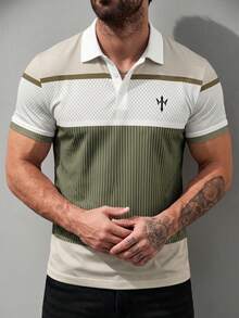 Camisa polo casual de manga corta con bloques de color para hombres, para ir al trabajo - Multicolor - Ver 2