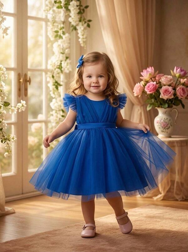 Baby Girls Mesh Back Bow Elegant Princess Flower Girl Dress, Suitable For Parties, Headband Not Included