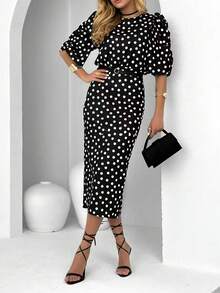 Gaun Liburan Elegan Lengan Lima Panjang Sedang Motif Polkadot Musim Gugur/Dingin - Hitam dan Putih - View 1
