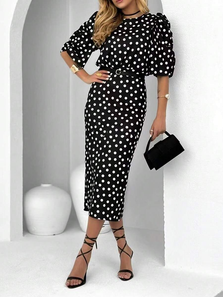 Gaun Liburan Elegan Lengan Lima Panjang Sedang Motif Polkadot Musim Gugur/Dingin - Hitam dan Putih - View 1