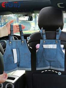 EIGIIS Car Tissue Box Storage Hanging Bag, Plush Tissue Cover, Suitable For Car Back Seat, Home Bathroom, Bedroom, Office Desk, Travel Car Storage Organizer Bag, Denim Overalls Style - A - View 2