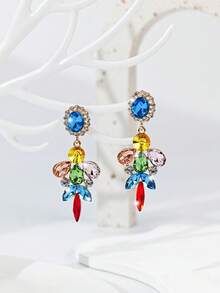 1 par de pendientes de mujer con forma de lágrima, florales de colores y diamantes, adecuados para salir (la tarjeta es solo de referencia, la tarjeta es aleatoria) - color - Ver 4