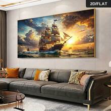 2D Flat, 2D Flat 1 Stück rahmenlose moderne abstrakte Piratenschiff segelt in den Sonnenuntergang Leinwand Wandkunst Poster - lebendiges nautisches Gemälde für Wohnzimmer & Schlafzimmer Dekoration, hochwertiger Muster, elegantes zeitgenössisches Design, nautische Dekoration, 2D Flat - Entwurf 01 - Übersicht 4
