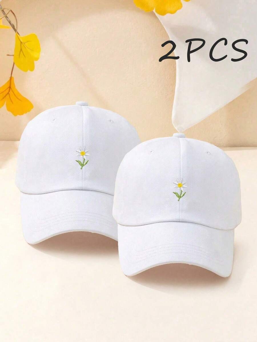1/2pcs Unisex Y2K Style Embroidered Floral Baseball Cap, Outdoor Daily Commute Minimalist Y2K Baseball Cap, Youth Fashion Sun Hat - White - View 1