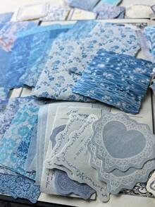 1 Pack 100 Sheets Writable Vintage Scrapbook Material Paper Blue Floral Plaid Pattern Scrapbook Collage Background Decorative Material Pack - BQ1051 - View 5