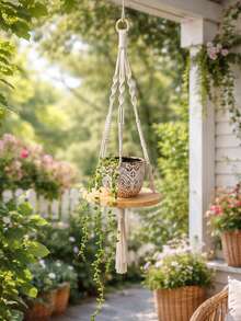 1pc Woven Rope Plant Hanging Shelf With Tassels, Bohemian Style Wall Decor For Indoor/Outdoor, Suitable For Succulent Pots, Air Plants, Bedroom, Living Room, Balcony, Patio, Apartment, Dorm, Farmhouse Wall Storage Rack - Style 1 - View 1