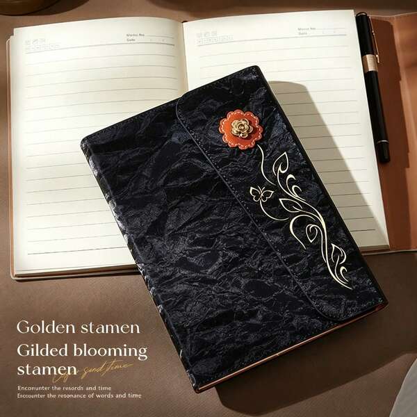 A5 Vintage Leather Notebook Floral Pattern Hardcover Diary Magnetic Closure Journal Unisex Writing Book Suitable For Daily-School-Business Use