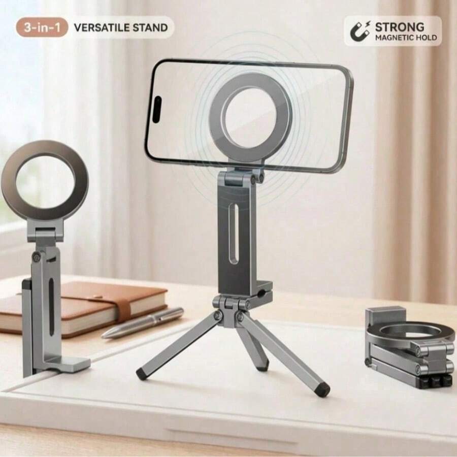 3-In-1 Magnetic Phone Stand Selfie Stick, Foldable Travel Tripod With Desktop Clip, Portable Multi-Function Holder, Compatible With IPhone And Android Phones