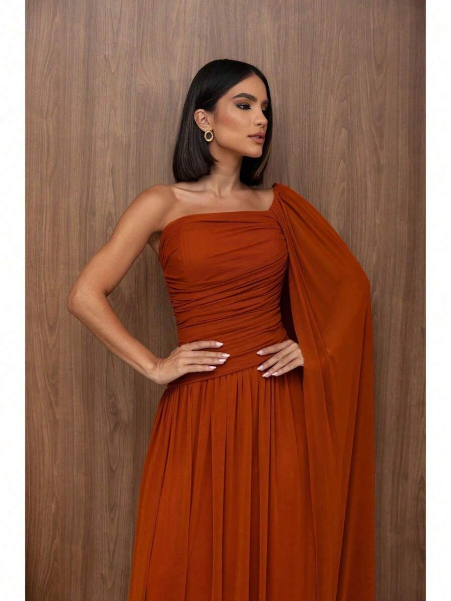 Long, One-Shoulder Party Dress In Dark Nude, Flowing Style, For Bridesmaids/Dates/Graduations/Guests. - Terracotta - View 1