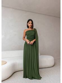 Long, One-Shoulder Party Dress In Dark Nude, Flowing Style, For Bridesmaids/Dates/Graduations/Guests. - Olive Green - View 2