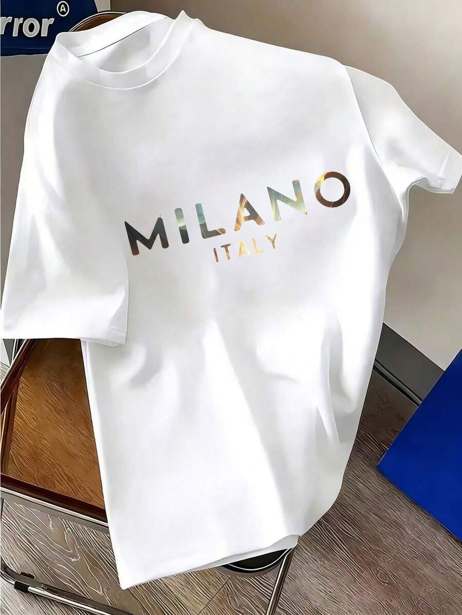 Christmas With Italian Luxury Style! Men's Short-Sleeved T-Shirt With Gradient Letter Print, Relaxed And Modern Style. Popular Item. - 白色 - 查看 1