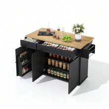 Kitchen Island With Fold-Down Worktop, Kitchen Cabinet On 6 Lockable Casters, With Storage Shelf - 黑色 - 查看 5