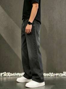 Men's Versatile Straight Leg Casual Jeans With Angled Pockets - Black - View 3